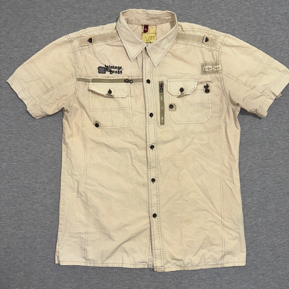 Vintage‎ Brass Y2K Tactical Safari Utility Button Up Shirt Mens XL Tan Cotton